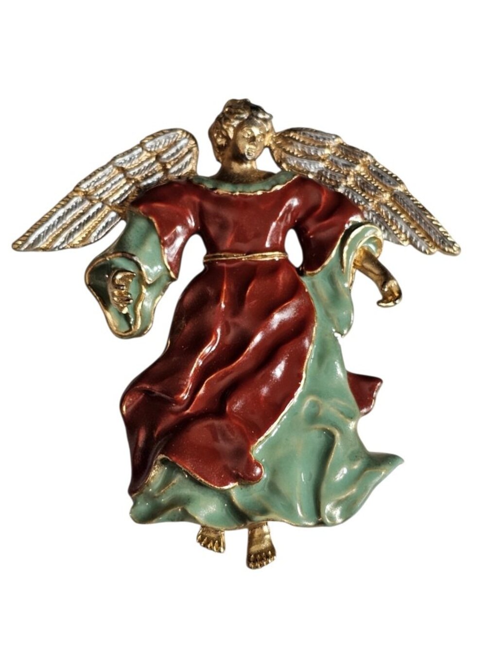 Vintage Angel Pendant Gold Tone Metal Red Green Enamel Religious Christmas Charm